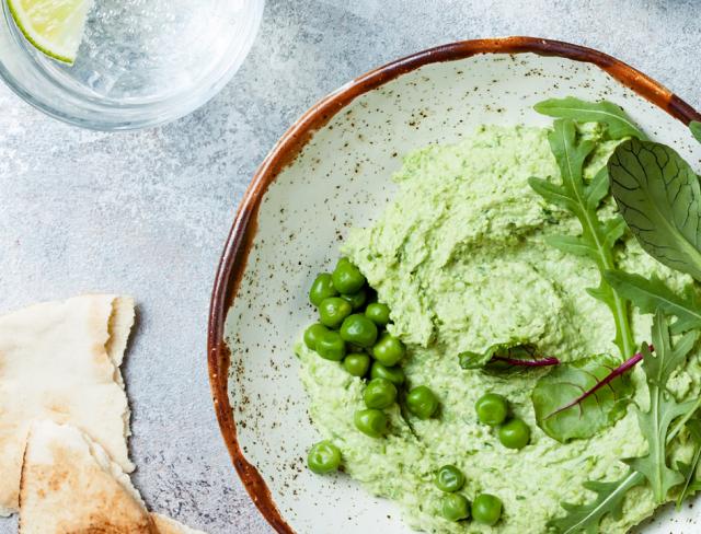 green peas and hummus in bowl on table healthy snacks recipes